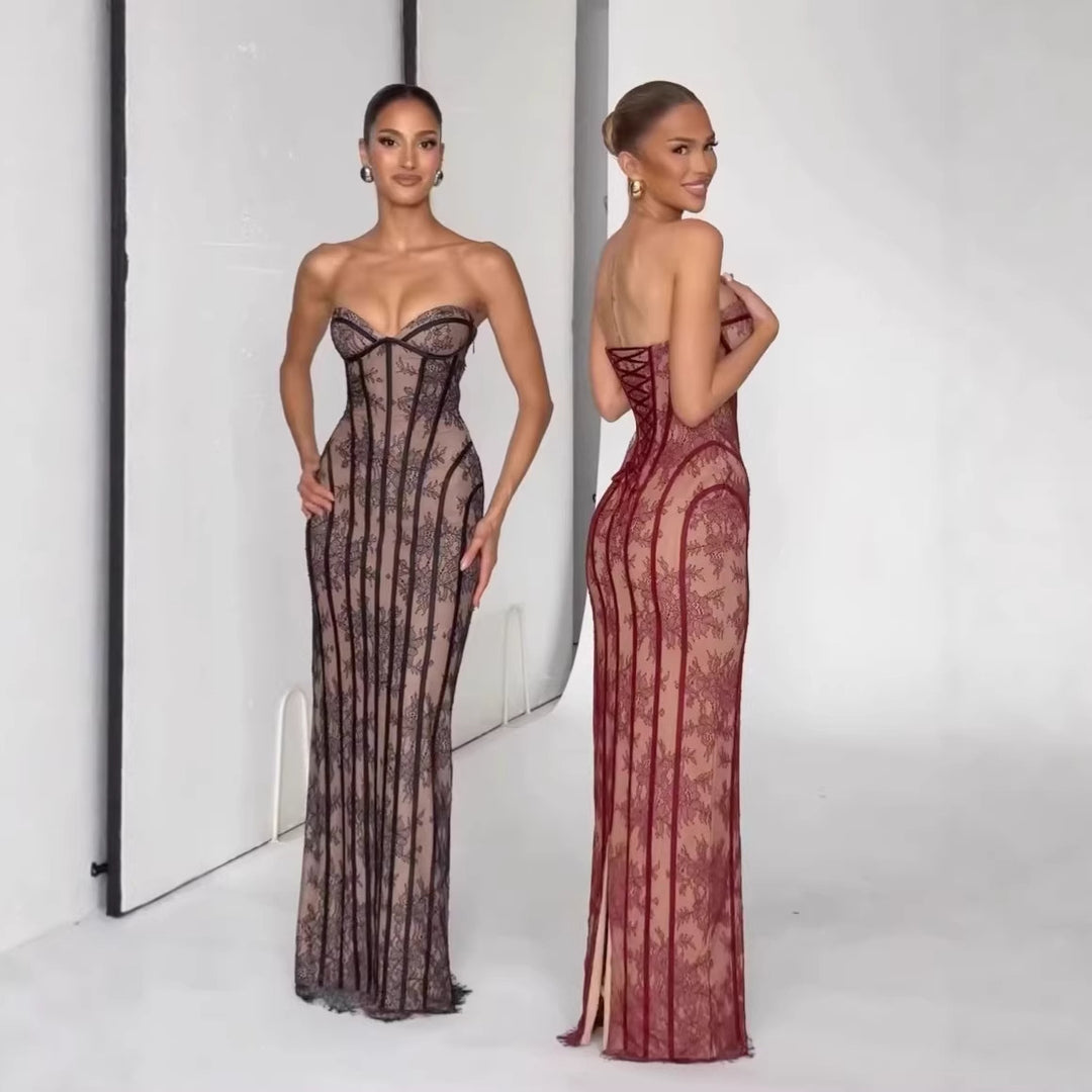 Damen figurbetontes Spitzenkleid mit schulterfreiem Design und elegantem Taillenschnitt Echo Archiv