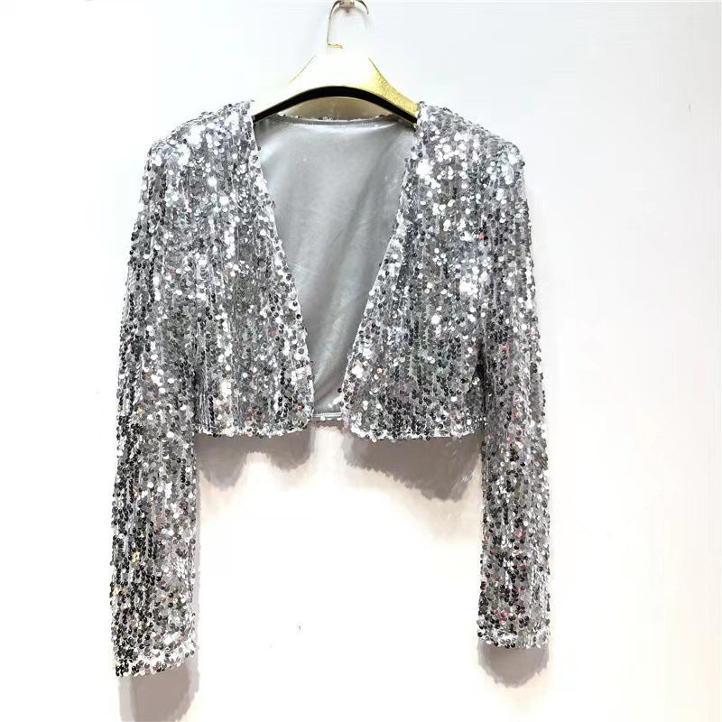 Damen Glitzernde Paillettenjacke mit Langem Arm und Offenem Schnitt Echoarchiv