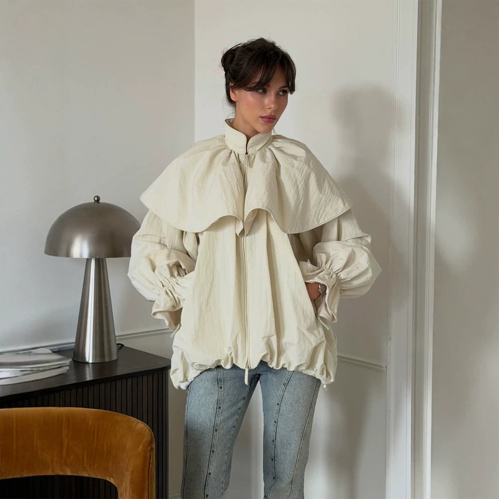 Damen Oversize-Jacke mit Cape-Kragen, Ballonärmeln und Kordelzug Echoarchiv