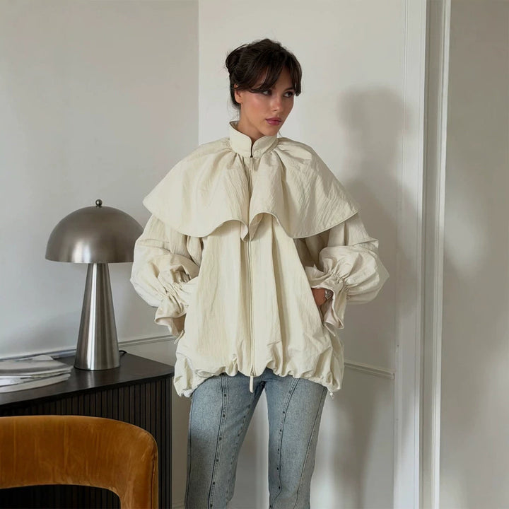 Damen Oversize-Jacke mit Cape-Kragen, Ballonärmeln und Kordelzug Echoarchiv