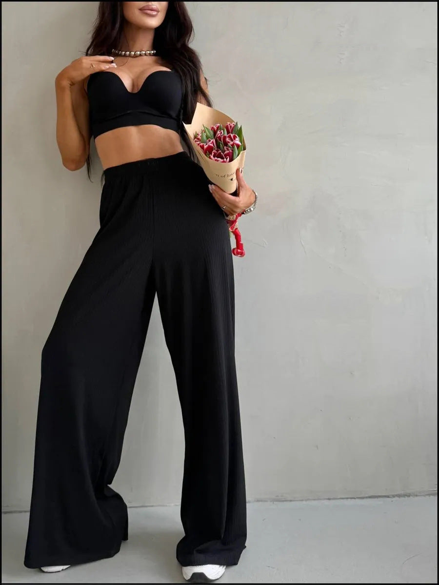Damen weite High-Waist Palazzo-Hose aus geripptem Jersey mit elastischem Bund – Avélisse