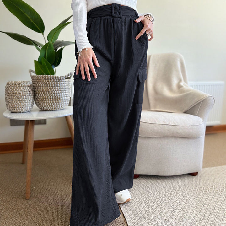 Damen Weite High-Waist-Hose mit Stoffgürtel und Cargo-Taschen Echoarchiv