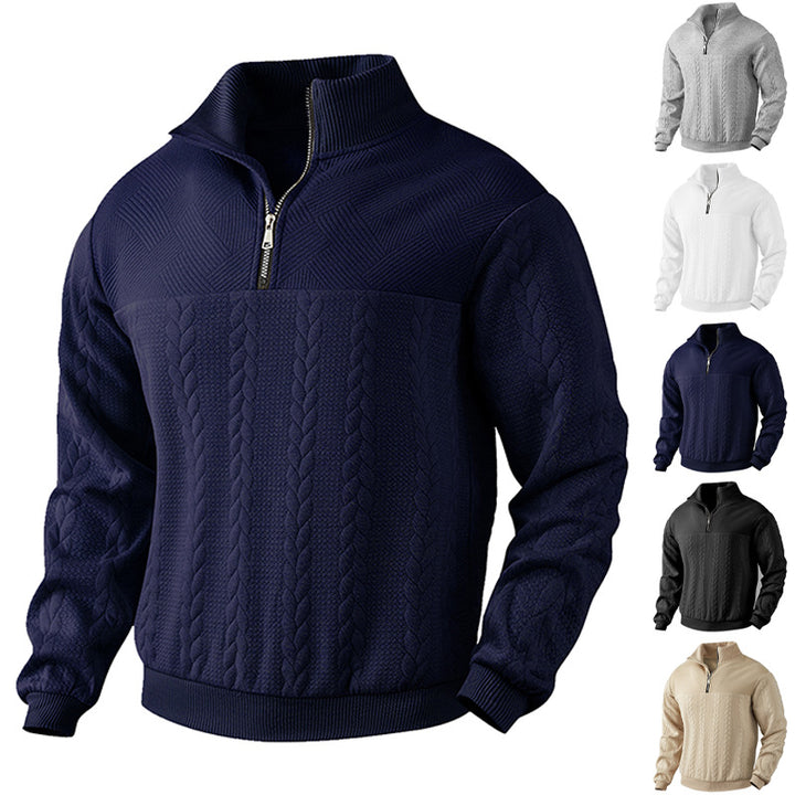Herren nan texturierter Strickpullover mit Halbzip, geflochtenem Zopfmuster und hohem Stehkragen Echo Archiv