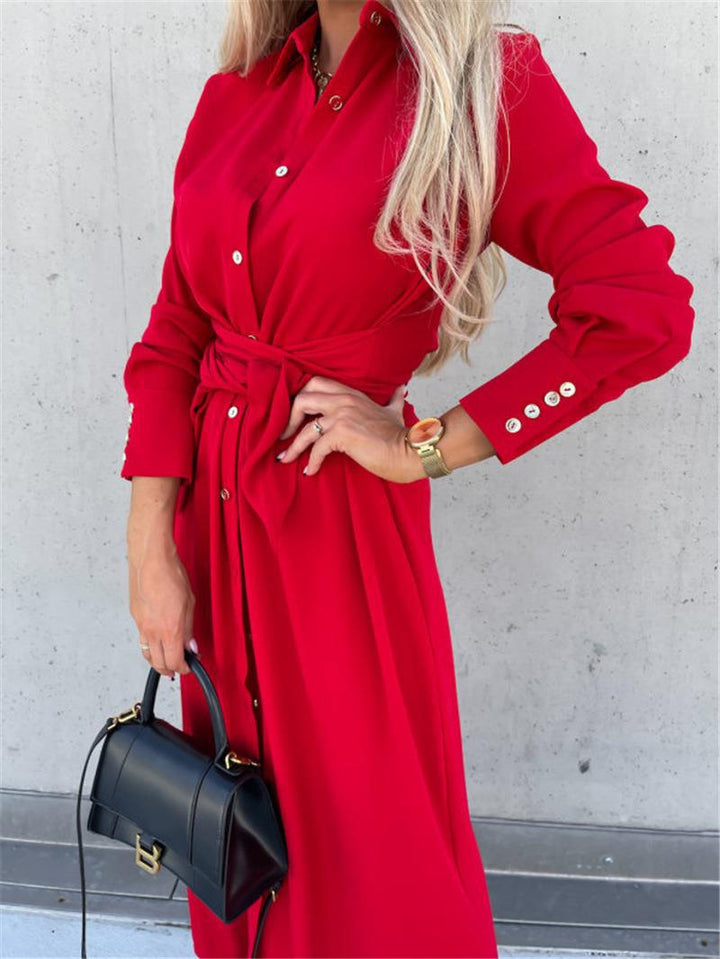 Damen Tailliertes Hemdblusen-Midikleid mit Bindegürtel, Manschetten und Frontschlitz Echoarchiv