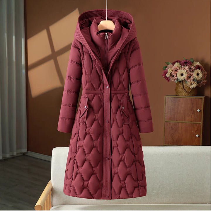 Damen nan langer gesteppter Mantel mit Wabenquilt, Kapuze und taillierter A-Linie Echo Archiv