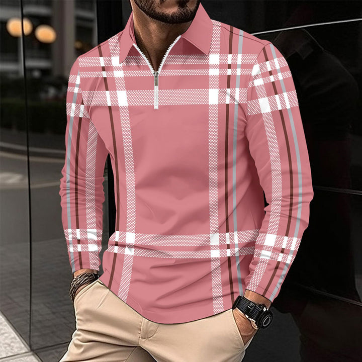 Herren modisches Langarmshirt mit modernem Zip-Kragen und auffälligem Karomuster Echoarchiv