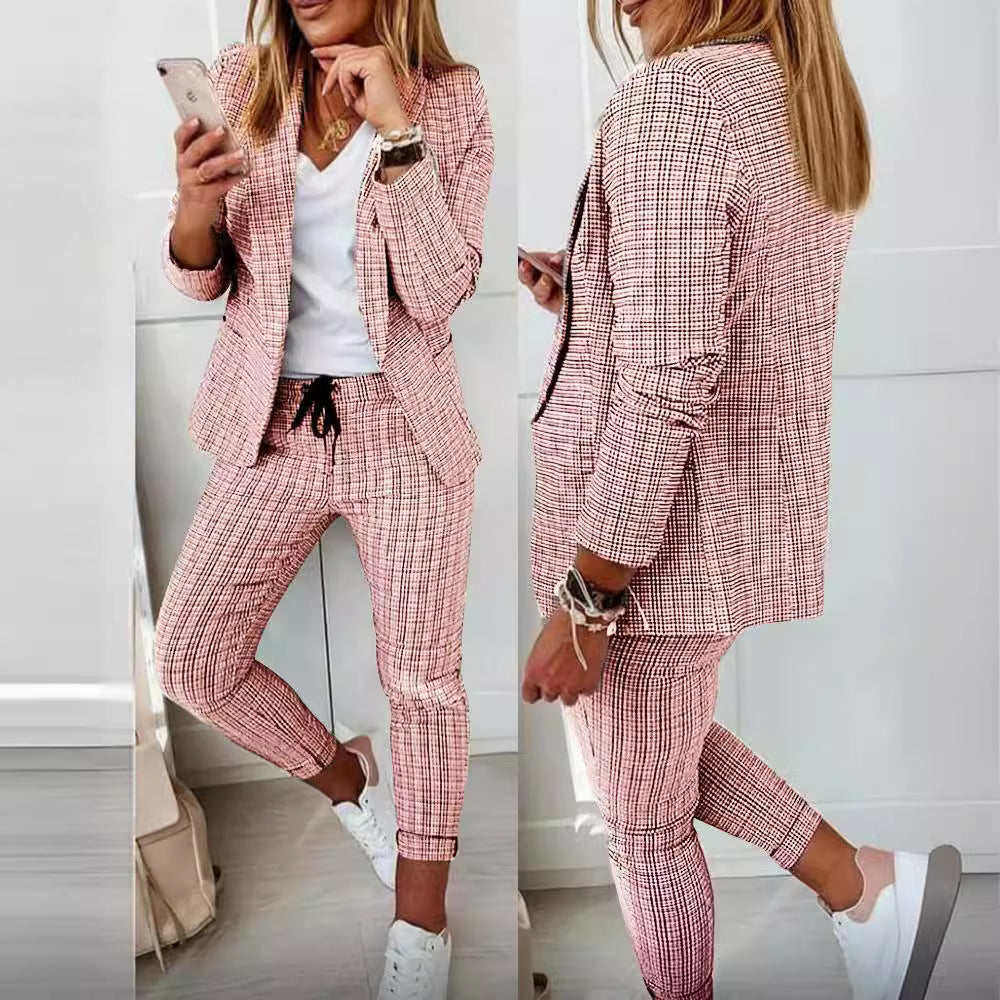 Damen nan zweiteiliges Karomuster Business-Casual Blazer-Set mit elastischer Bundhose Echo Archiv