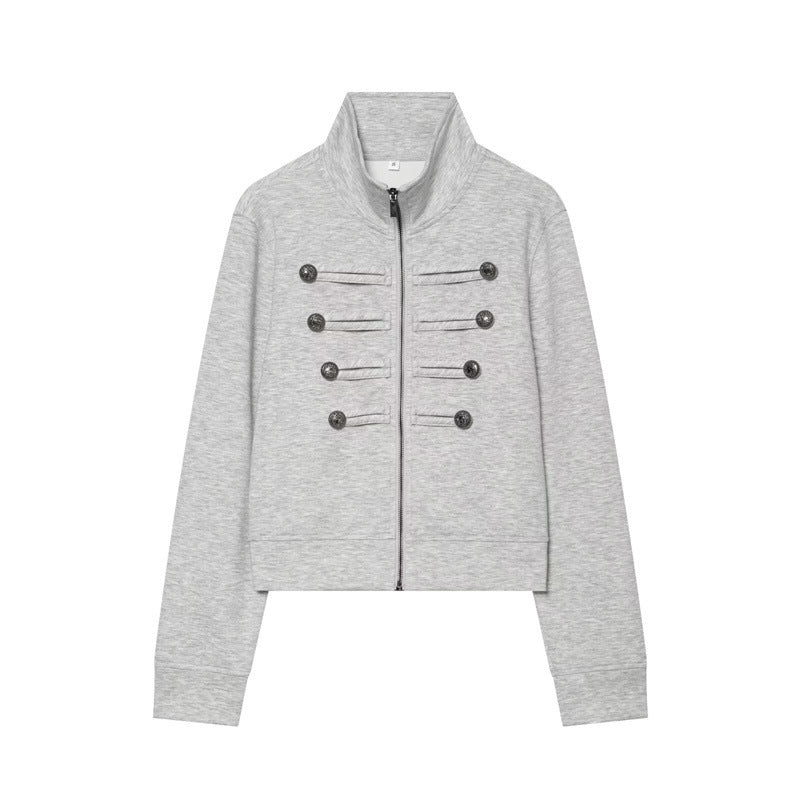 Damen Cropped Sweatjacke im Military-Look mit Stehkragen und Zierknopfreihe Echo Archiv