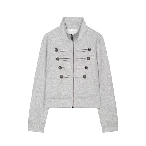 Damen Cropped Sweatjacke im Military-Look mit Stehkragen und Zierknopfreihe Echo Archiv