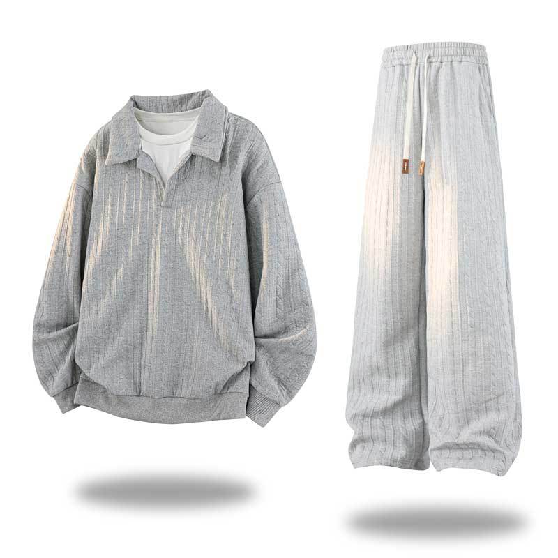 Herren Oversize Strukturiertes Lounge‑Set mit Polokragen, Zopfmuster‑Optik & weitem Bein Echoarchiv