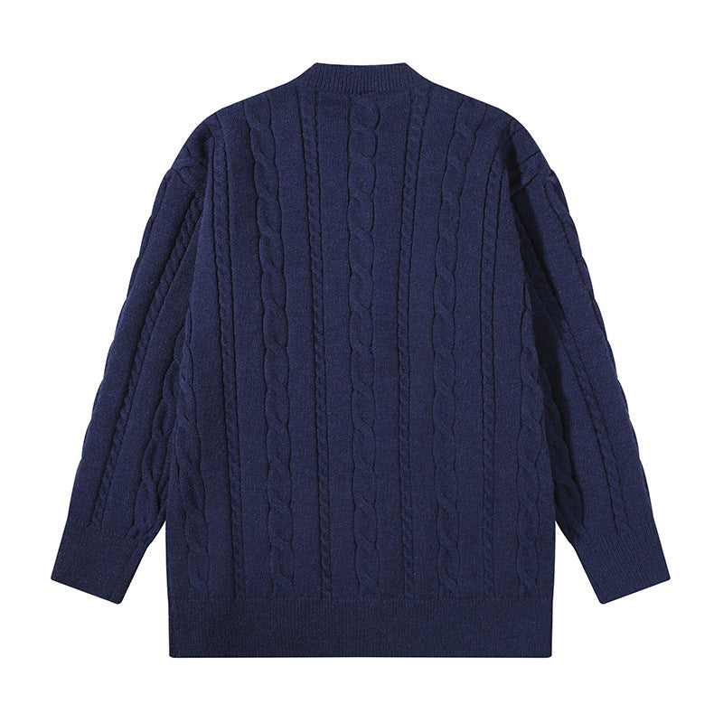 Unisex Übergroße Zopfmuster-Strickjacke mit Knopfleiste und Rundhalsausschnitt Echoarchiv