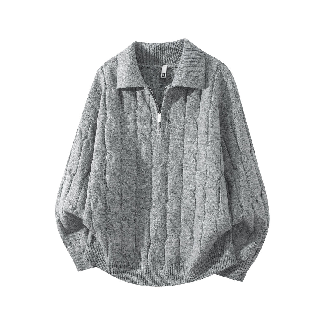 Unisex Oversize Zopfstrickpullover mit Halbreißverschluss und Hemdkragen Echoarchiv