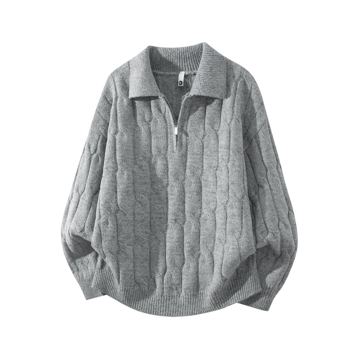 Unisex Oversize Zopfstrickpullover mit Halbreißverschluss und Hemdkragen Echoarchiv