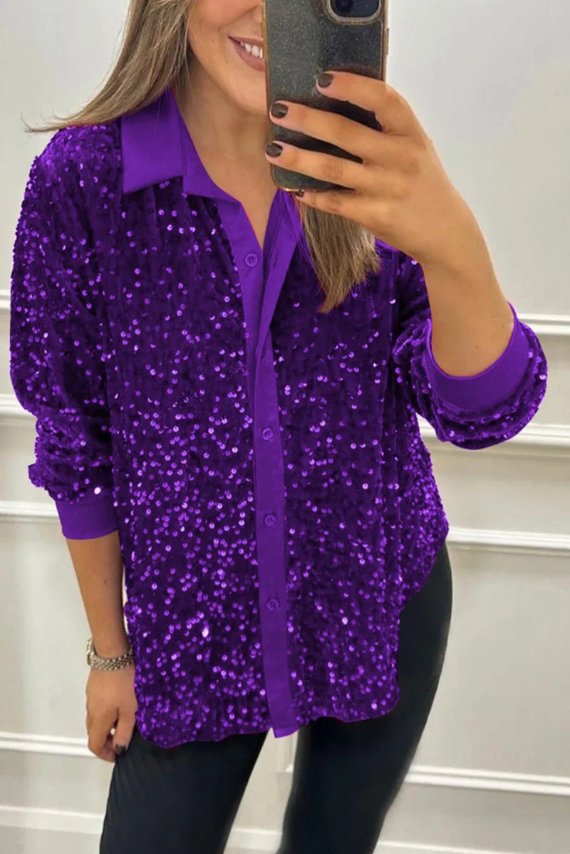 Damen nan glitzernde Pailletten-Hemdbluse mit Kragen, Knopfleiste und elastischen Manschetten Echo Archiv