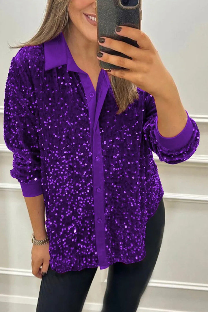 Damen nan glitzernde Pailletten-Hemdbluse mit Kragen, Knopfleiste und elastischen Manschetten Echo Archiv