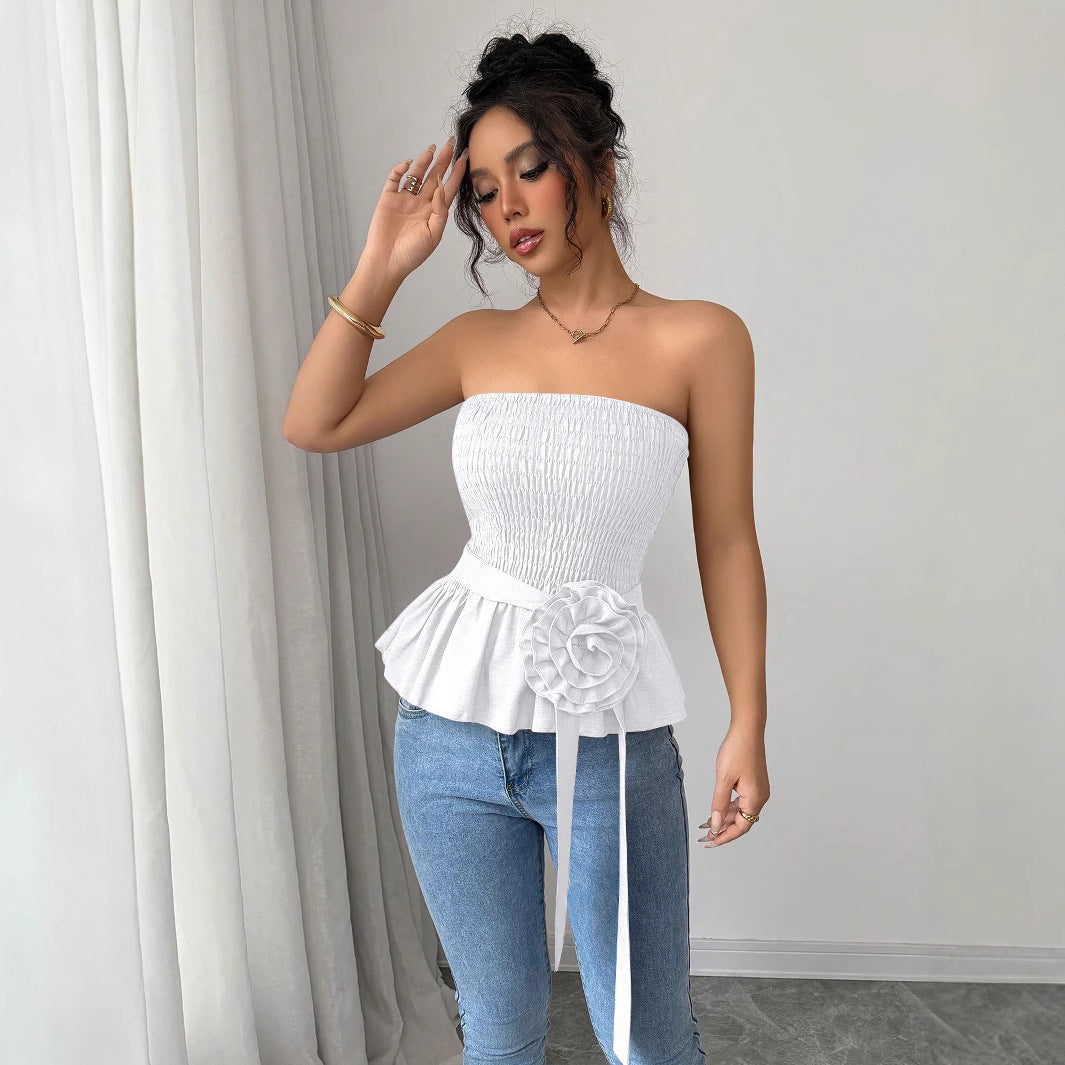 Damen nan figurbetontes trägerloses Smok-Oberteil mit Volant-Peplum und dekorativer Stoffblume Echo Archiv