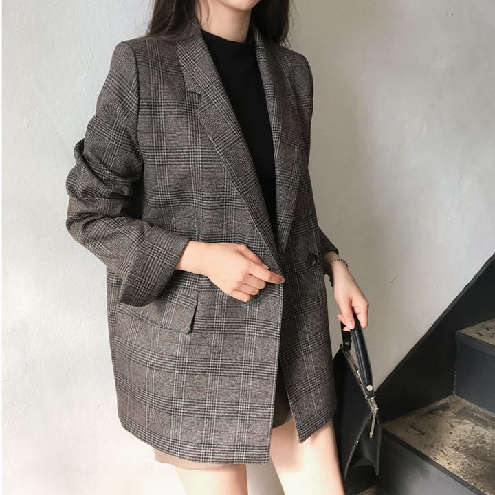 Damen Eleganter karierter Blazer mit doppelter Knopfleiste Echo Archiv