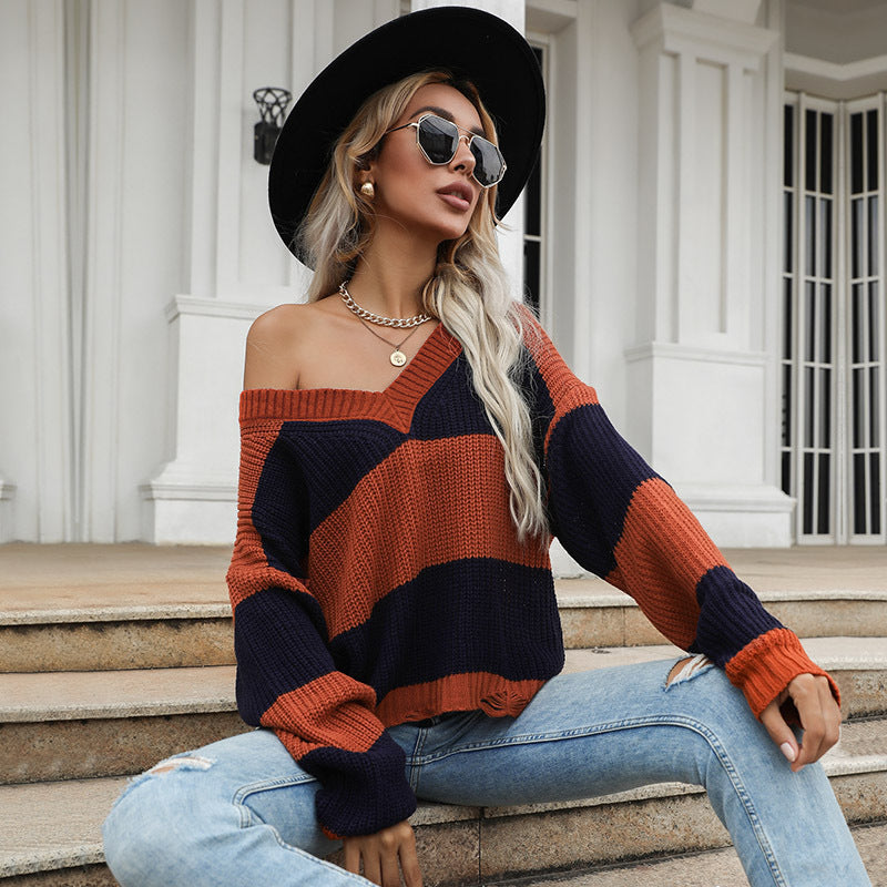 Damen Oversize-Chunky-Strickpullover mit schulterfreiem Fall, breiten Blockstreifen und geripptem Saum Echoarchiv