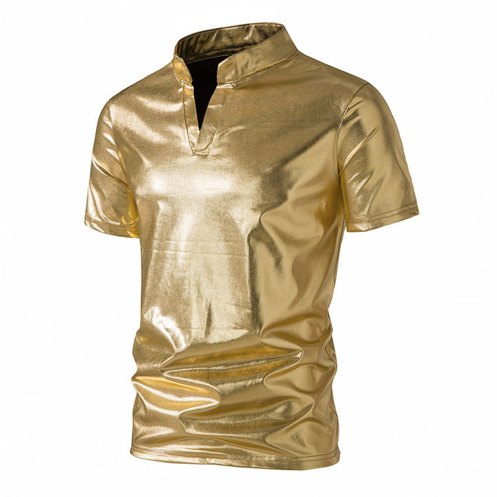 Herren modisches Metallic-T-Shirt mit hohem Kragen und kreativem Schnitt Echoarchiv