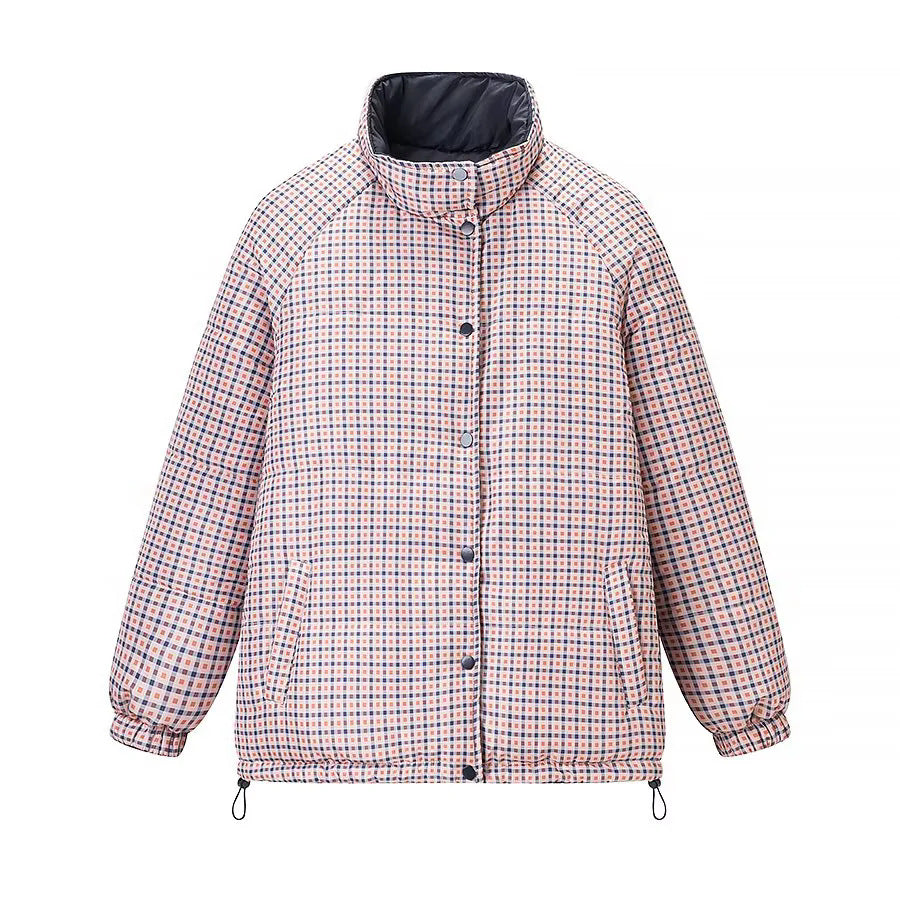 Damen nan warme Oversize-Steppjacke mit kariertem Innenfutter, Stehkragen und Tunnelzugsaum Echo Archiv
