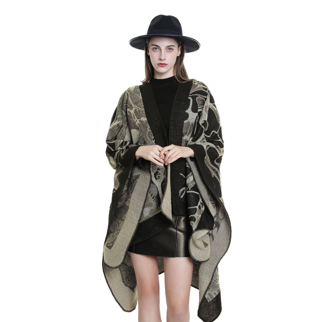 Damen Wollmix‑Jacquard‑Umhang mit offener Kimono‑Silhouette Echo Archiv