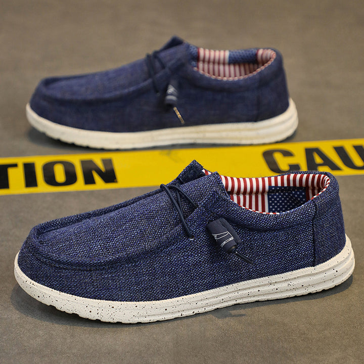 Herren lässiger Mokassin-Slipper aus Leinenstoff mit gepolsterter Komfortsohle und elastischem Schnürzug – Tavélo