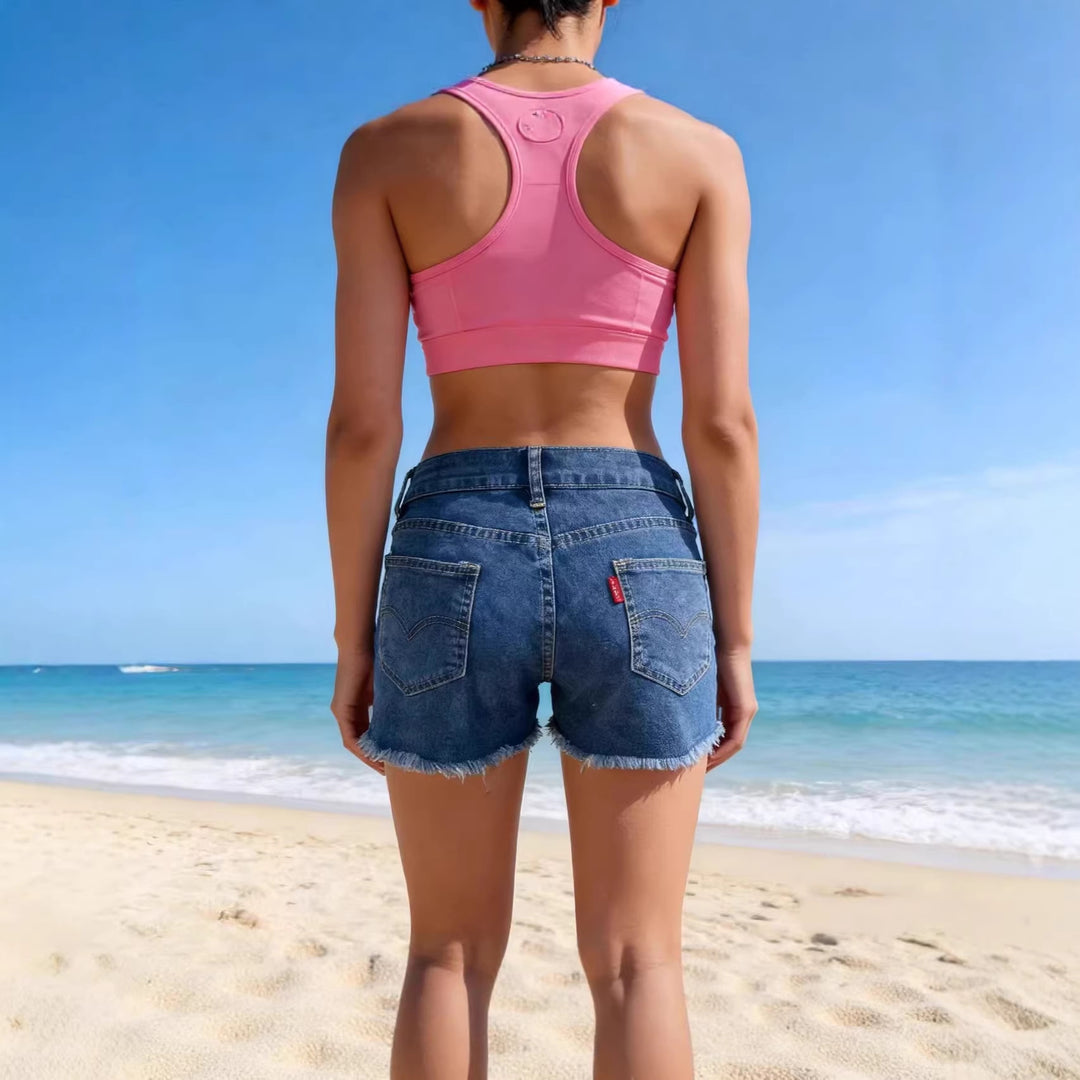 Damen lässige Jeansshorts mit ausgefranster Saumkante und hohem Bund Echo Archiv