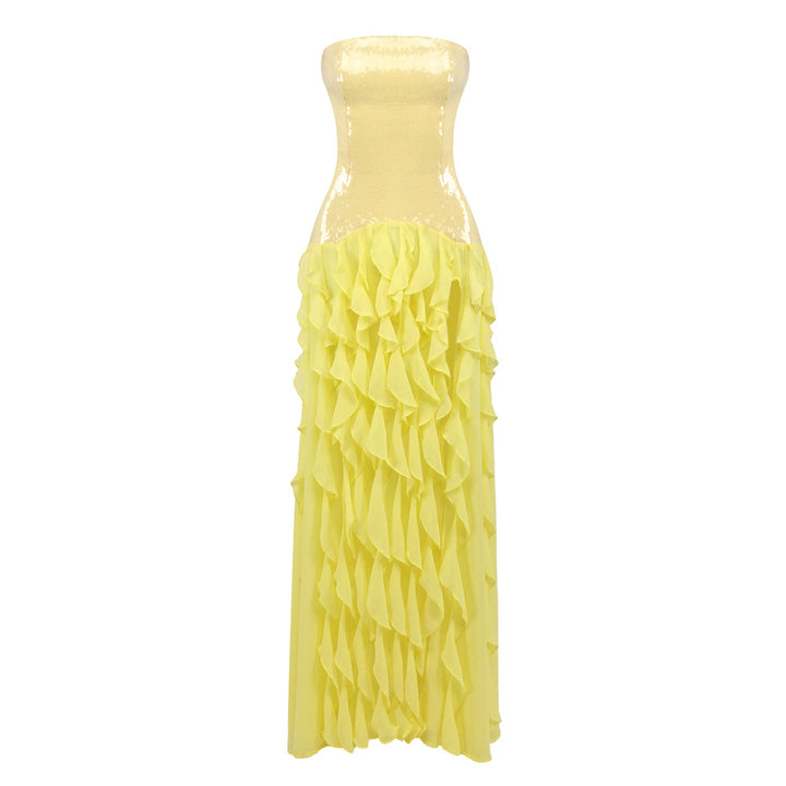 Damen Rüschen Abendkleid mit schimmerndem Oberteil und elegantem Schnitt Echo Archiv