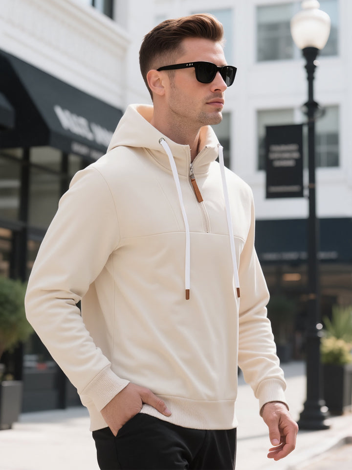 Herren Halbzip-Kapuzenpullover mit Stehkragen, Kordelzug und Lederdetails – Cavarno