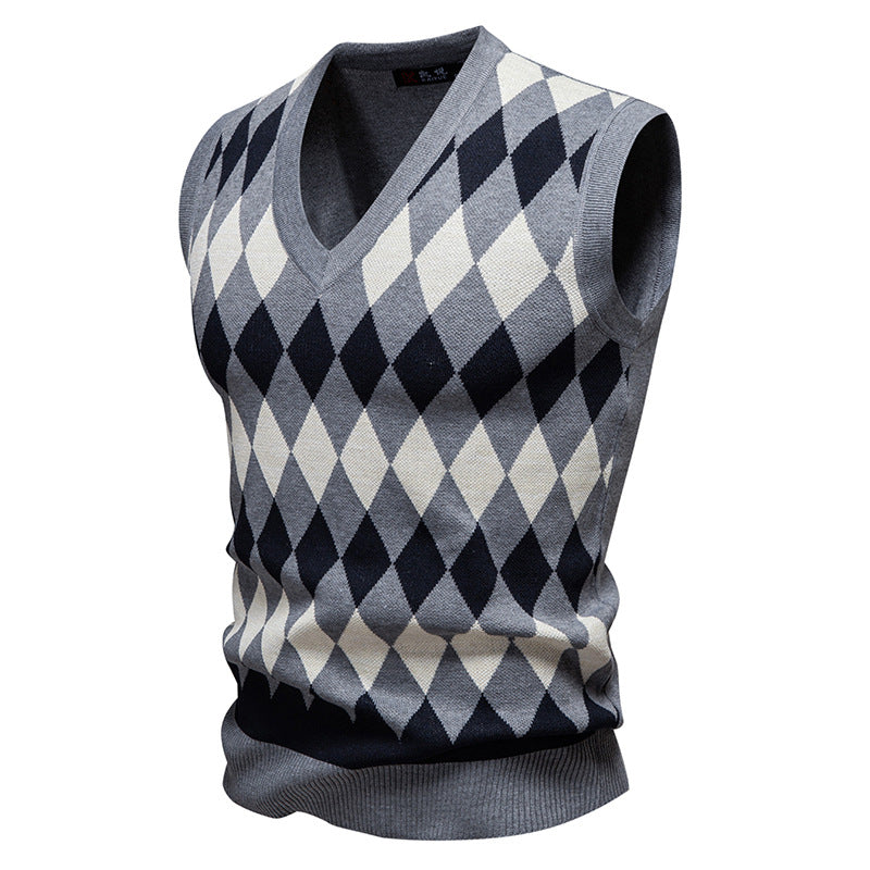 Herren ärmelloser Pullover mit rautenförmigem Muster und modernem V-Ausschnitt Echoarchiv