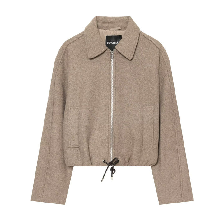 Damen Kurze Wollmix-Jacke mit Frontreißverschluss und Kordelzugsaum Echoarchiv