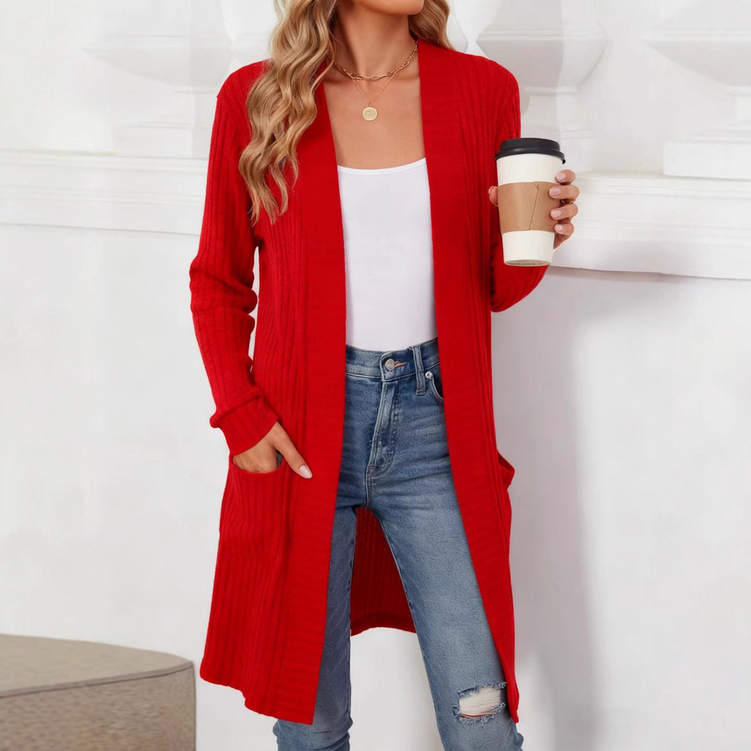 Damen Longcardigan aus geripptem Chenille mit aufgesetzten Taschen – Veloura