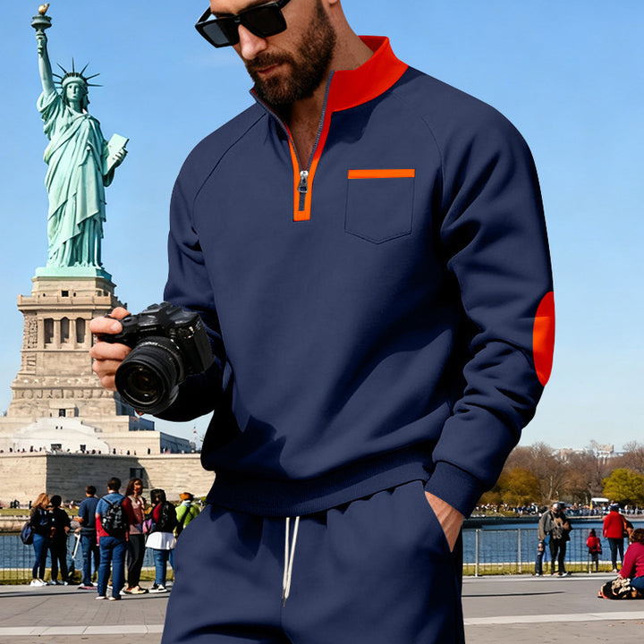 Herren nan Fleece-Quarterzip Pullover mit Brusttasche und Ellbogenpatches Echo Archiv