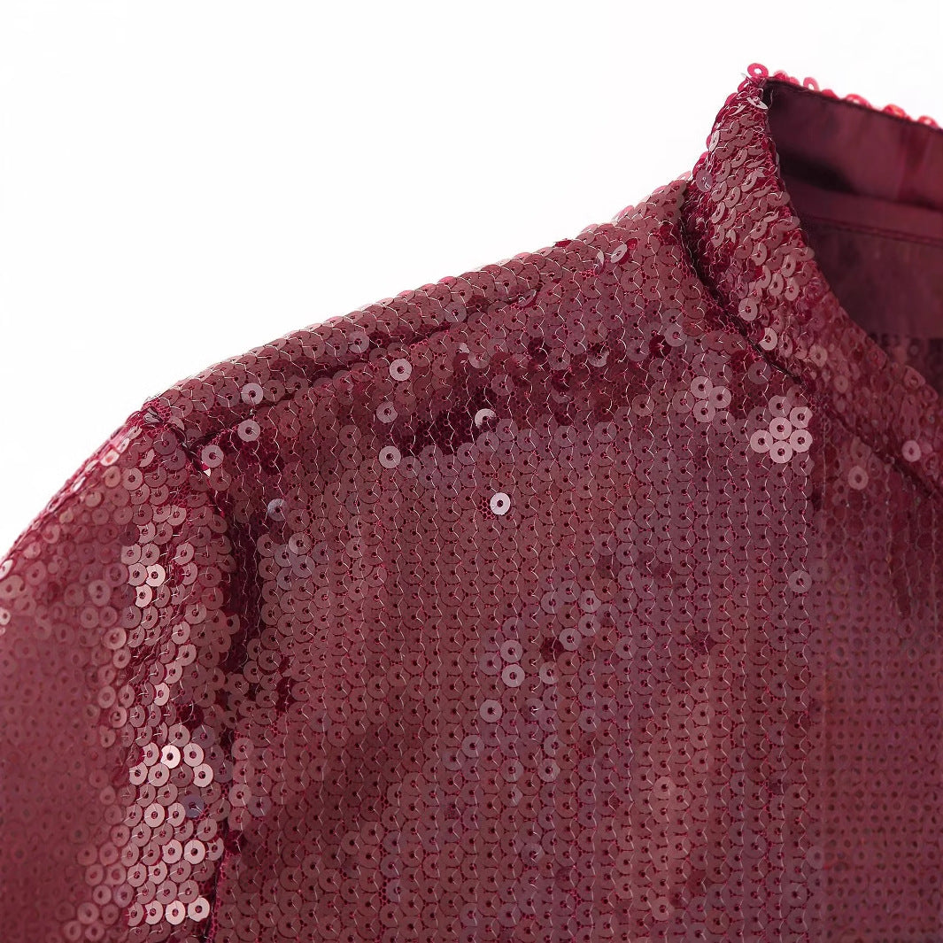 Damen festliches Maxikleid mit Paillettenoberteil, Stehkragen, langen Ärmeln und gerafftem Taillenrock – Valéora