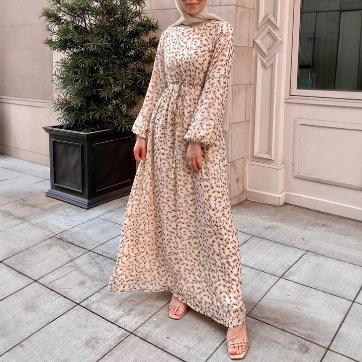 Damen Geblümtes Maxikleid mit Kordel-Taille und Ballonärmeln – Valéora