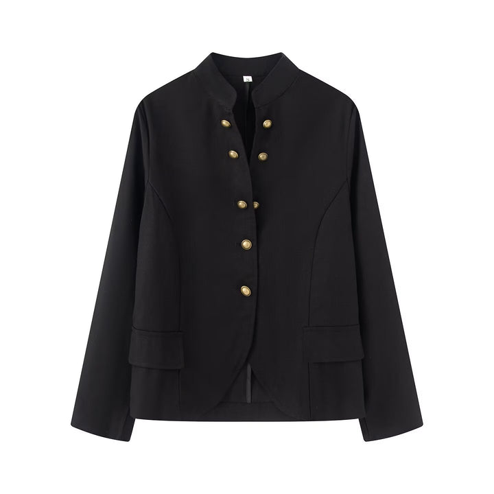 Damen Elegante Kurzjacke mit Stehkragen, Zierriegelknöpfen und Pattentaschen Echo Archiv