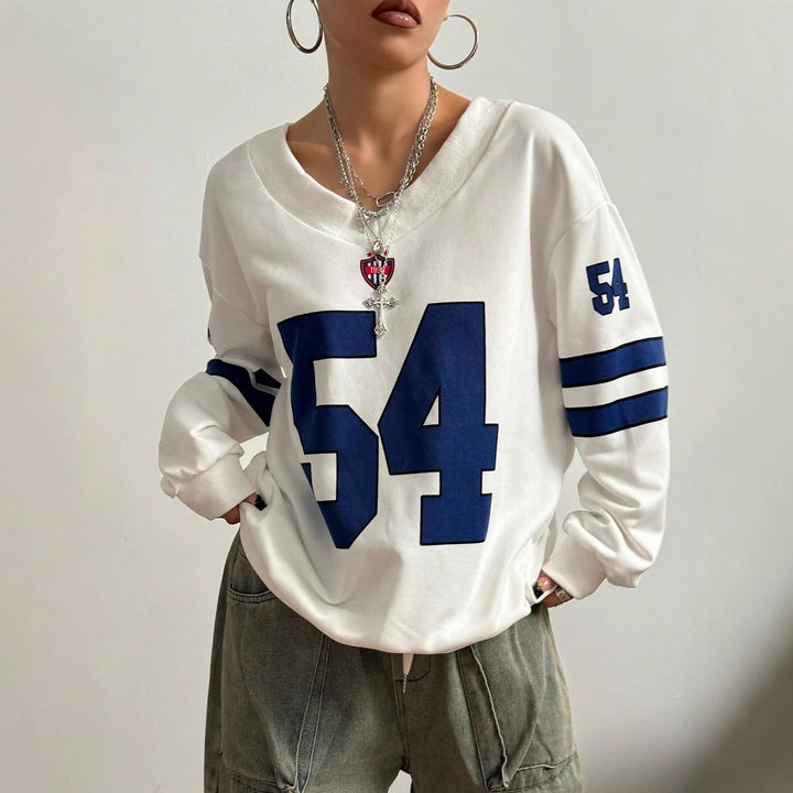 Damen Lockeres College-Sweatshirt im Off-Shoulder-Look mit großem Nummernprint – Avérine