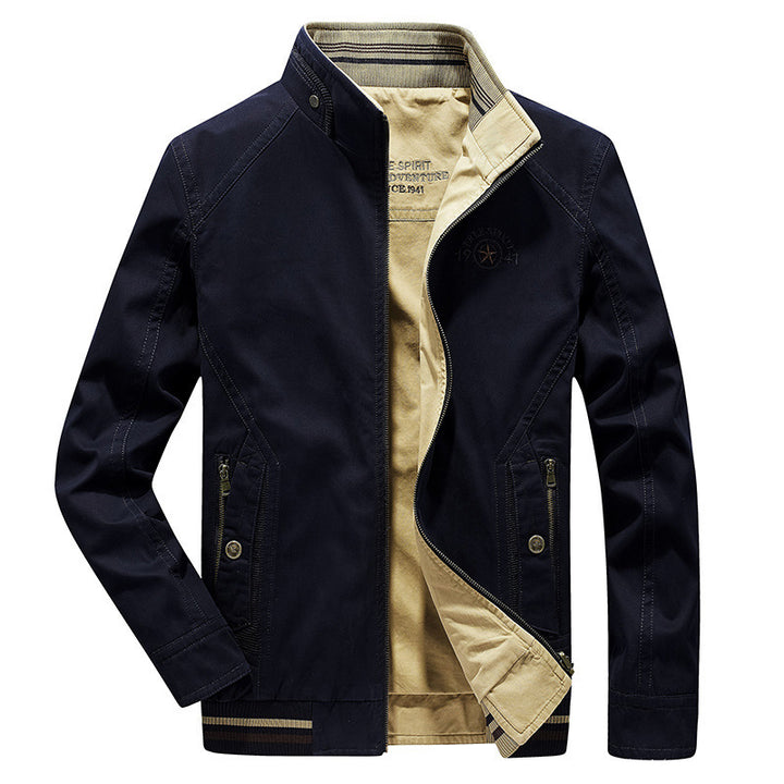 Herren leichte Canvas-Übergangsjacke mit Stehkragen, Reißverschluss und geripptem Saum Echoarchiv