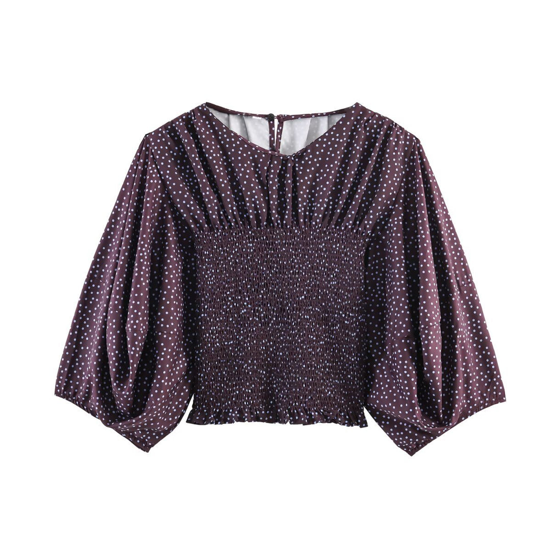 Damen Gepunktete Carmen-Bluse mit Smok-Taille und voluminösen Ballonärmeln Echo Archiv