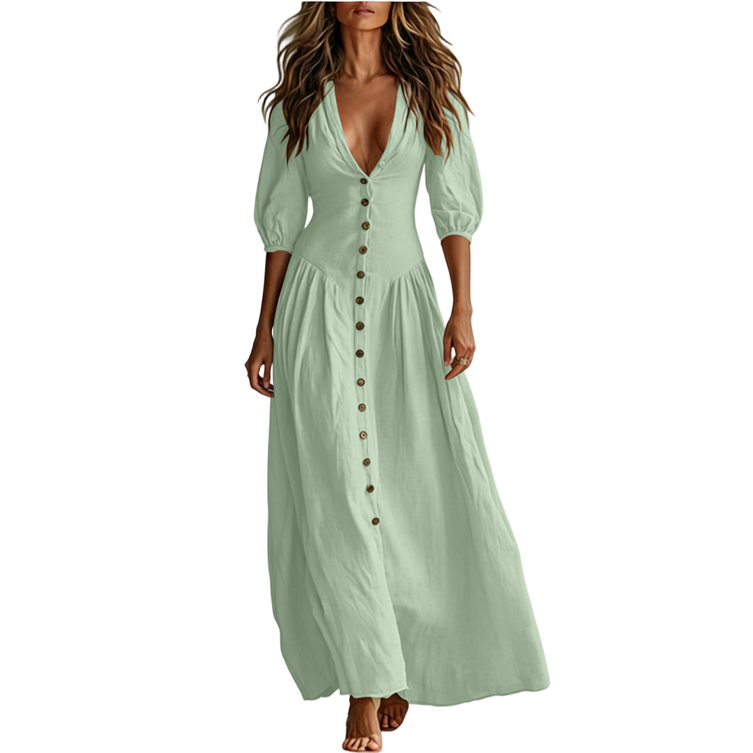 Damen Maxikleid mit tiefem V-Ausschnitt, durchgehender Knopfleiste und Ballonärmeln – Valéora