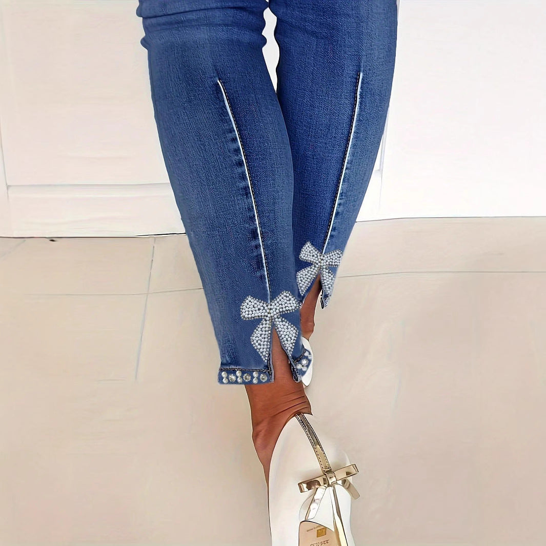 Damen Skinny-Jeans mit Perlenbesatz und Zier-Schleifen Echo Archiv