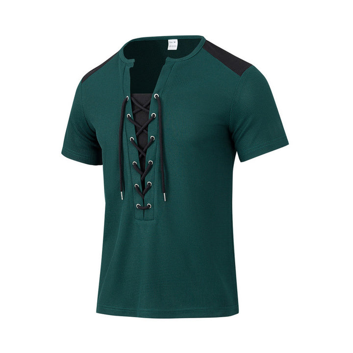 Herren Kurzarm-Henley-T-Shirt mit dekorativen Schnürdetails und atmungsaktiver Struktur Echoarchiv