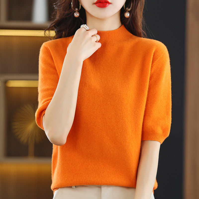 Damen Kurzärmeliger Feinstrick-Pullover mit halbem Rollkragen Echoarchiv