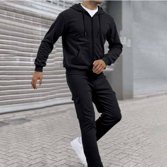 Herren athletischer Zip-Sweatset mit Cargo-Jogginghose, ergonomischen Nähten und gerippten Bündchen – Cavarno