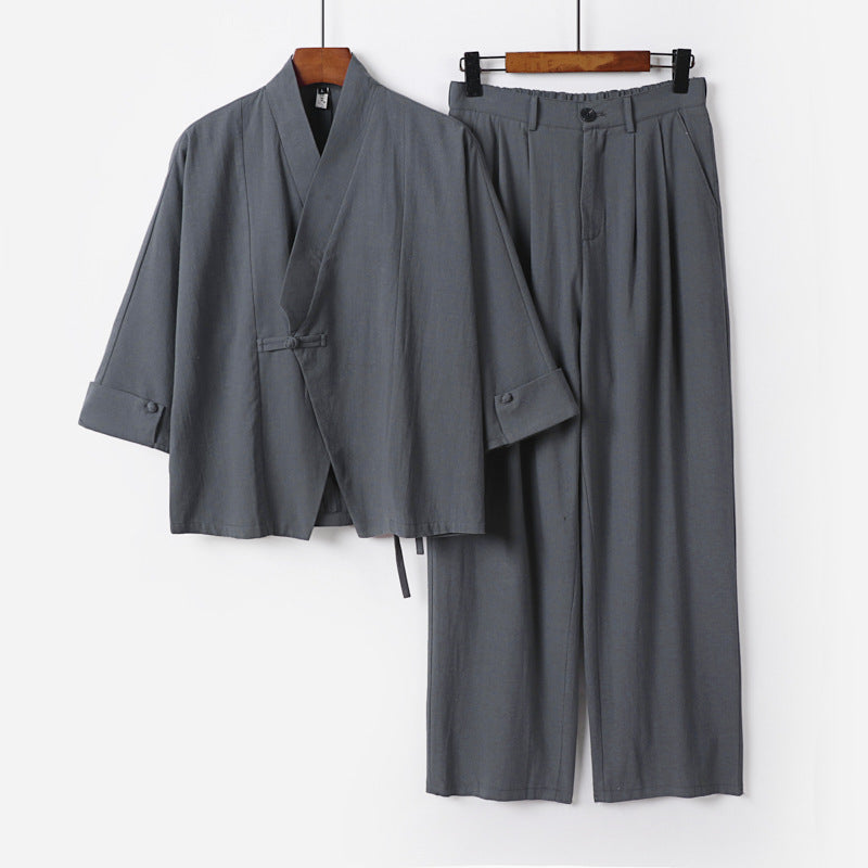 Herren Modernes Zen-Loungewear-Set aus Leichtem Material mit Kurz-Kimono und tailliert-zulaufender Bundhose Echoarchiv