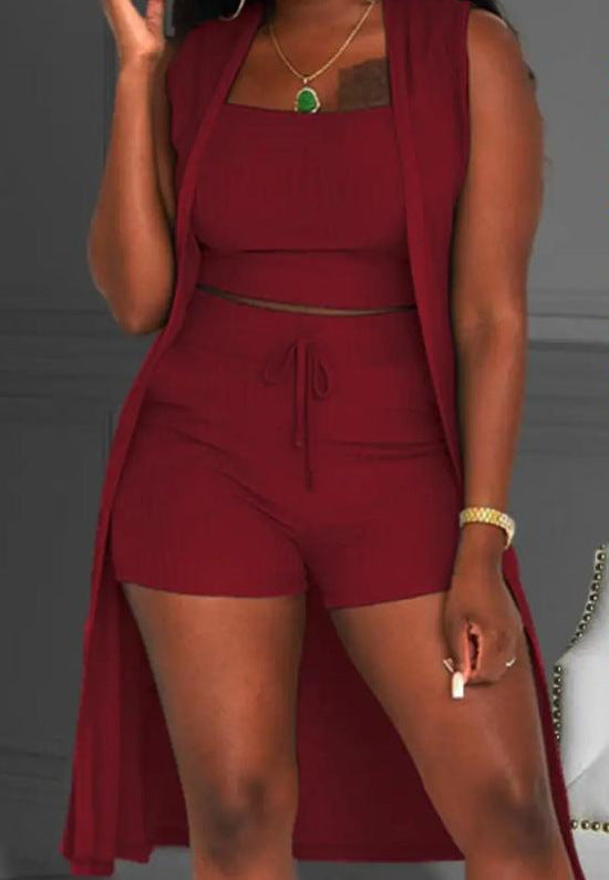 Damen lässiges 3-teiliges Set bestehend aus Crop-Top, Shorts und langem Cardigan Echo Archiv