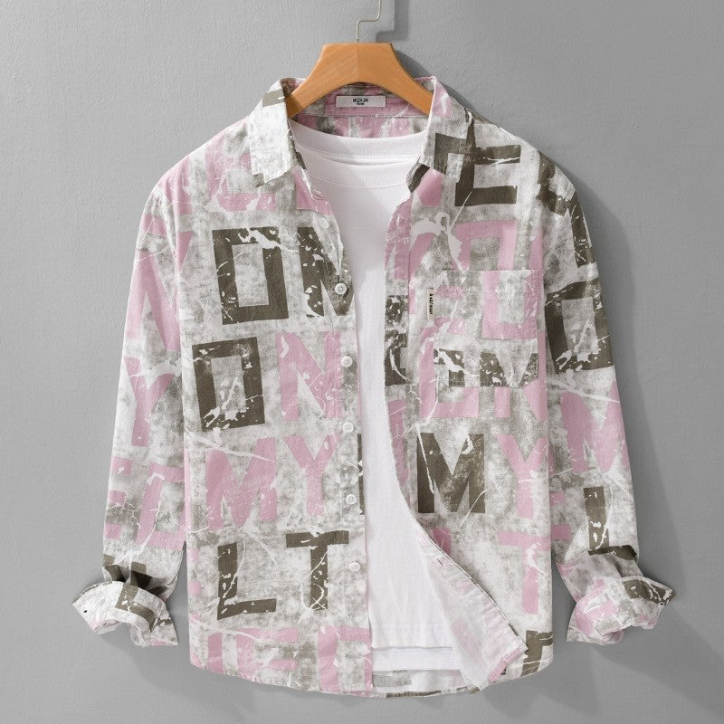 Herren Langarm-Hemdjacke mit großflächigem Typo‑Print aus Baumwollmix Echoarchiv