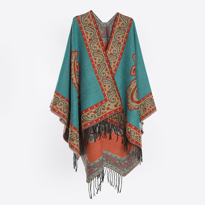 Damen Weicher Paisley-Jacquard Ruana-Überwurf mit V‑Ausschnitt und Fransen – Avérine