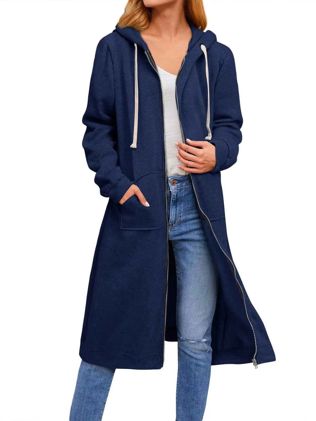 Damen lange Kapuzenjacke mit Reißverschluss und praktischen Taschen Echoarchiv