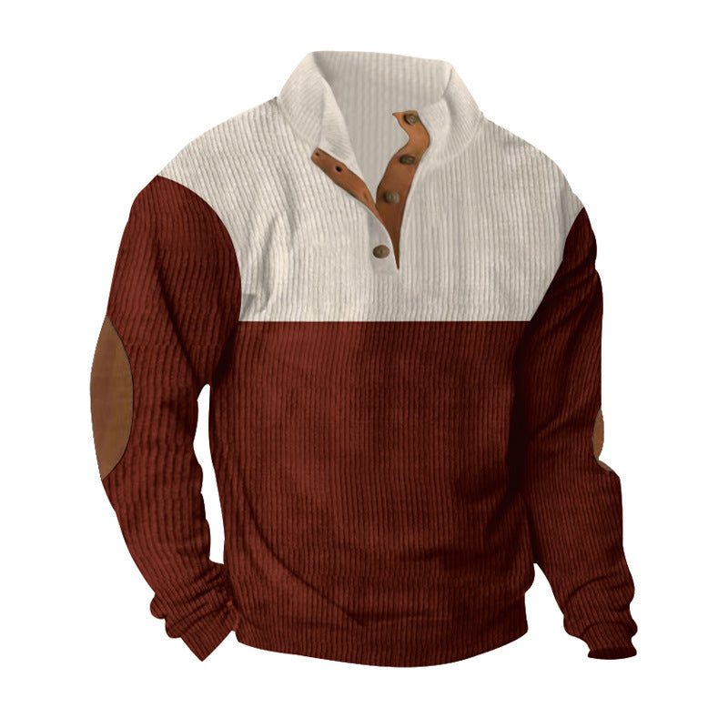 Herren nan gerippter Pullover mit Stehkragen, Knopfleiste und Ellbogen-Patches Echo Archiv
